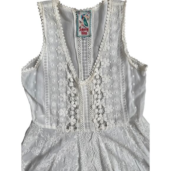 Johnny Was Sleeveless Lace Embroidered Crochet Mini Dress White Size XS